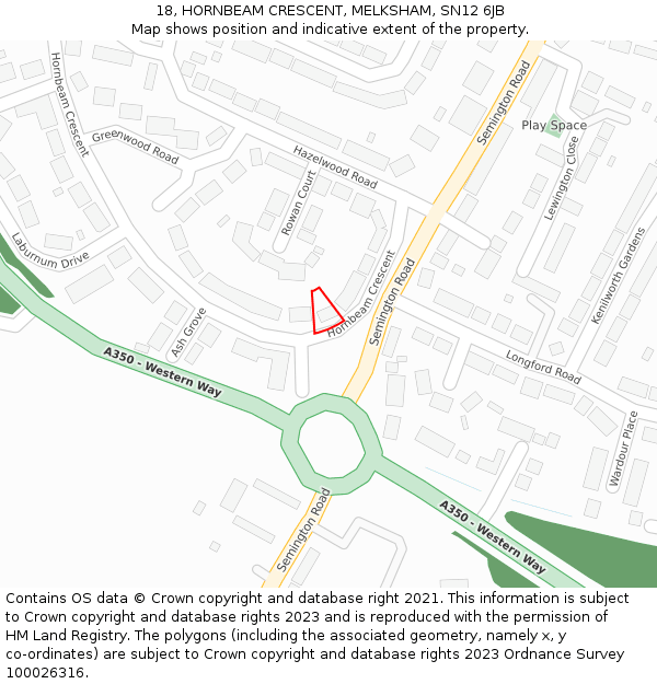 18, HORNBEAM CRESCENT, MELKSHAM, SN12 6JB: Location map and indicative extent of plot