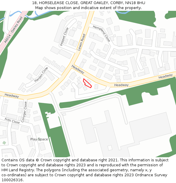18, HORSELEASE CLOSE, GREAT OAKLEY, CORBY, NN18 8HU: Location map and indicative extent of plot