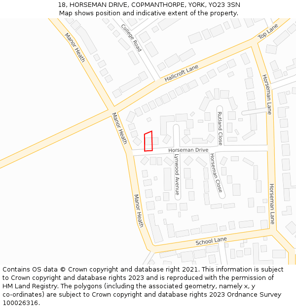 18, HORSEMAN DRIVE, COPMANTHORPE, YORK, YO23 3SN: Location map and indicative extent of plot