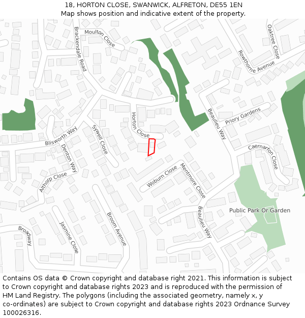 18, HORTON CLOSE, SWANWICK, ALFRETON, DE55 1EN: Location map and indicative extent of plot