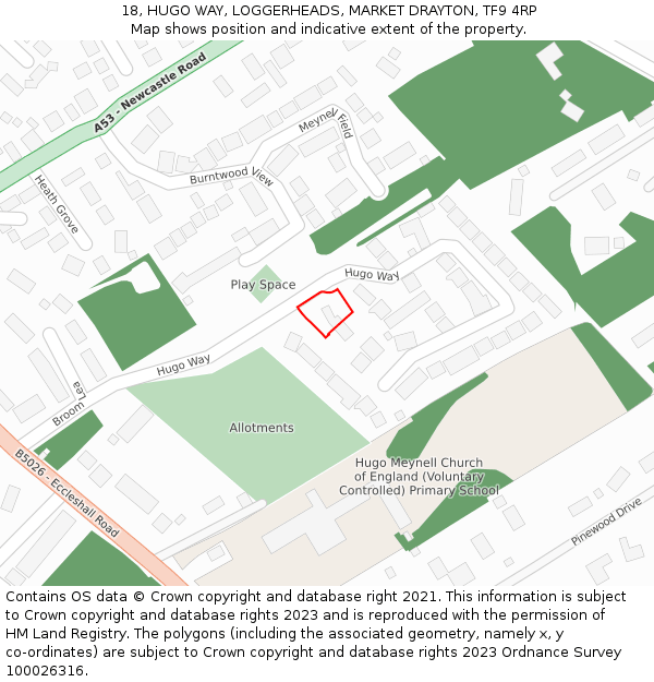 18, HUGO WAY, LOGGERHEADS, MARKET DRAYTON, TF9 4RP: Location map and indicative extent of plot