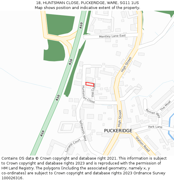18, HUNTSMAN CLOSE, PUCKERIDGE, WARE, SG11 1US: Location map and indicative extent of plot