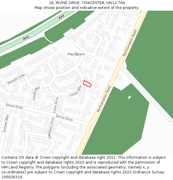 18, IRVINE DRIVE, TOWCESTER, NN12 7AX: Location map and indicative extent of plot