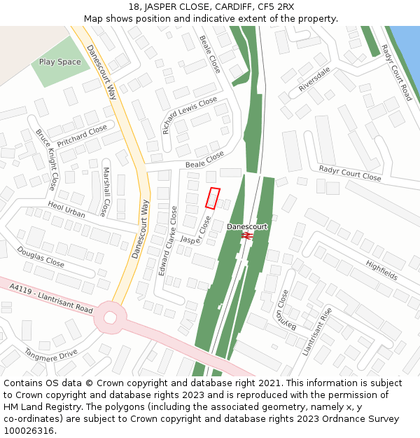 18, JASPER CLOSE, CARDIFF, CF5 2RX: Location map and indicative extent of plot