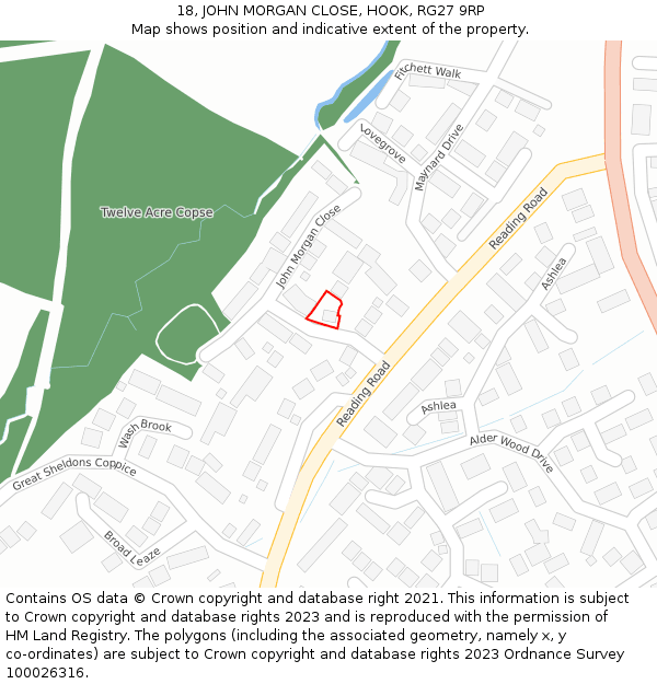 18, JOHN MORGAN CLOSE, HOOK, RG27 9RP: Location map and indicative extent of plot