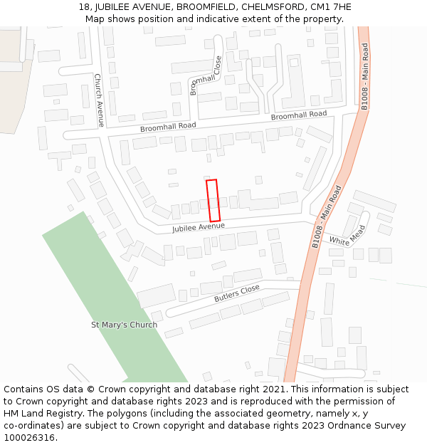 18, JUBILEE AVENUE, BROOMFIELD, CHELMSFORD, CM1 7HE: Location map and indicative extent of plot