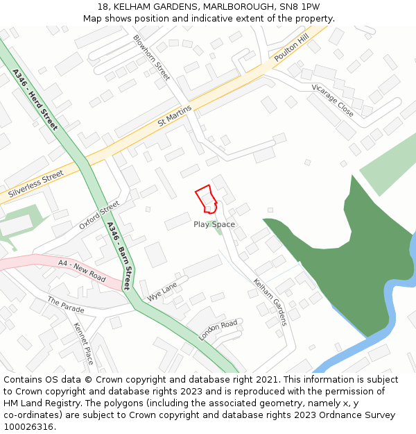 18, KELHAM GARDENS, MARLBOROUGH, SN8 1PW: Location map and indicative extent of plot