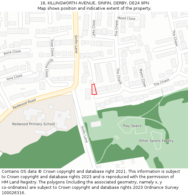 18, KILLINGWORTH AVENUE, SINFIN, DERBY, DE24 9PN: Location map and indicative extent of plot