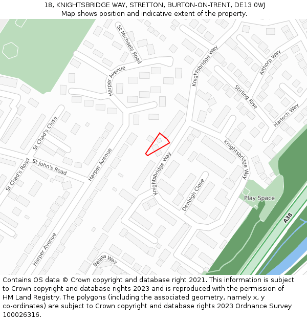 18, KNIGHTSBRIDGE WAY, STRETTON, BURTON-ON-TRENT, DE13 0WJ: Location map and indicative extent of plot