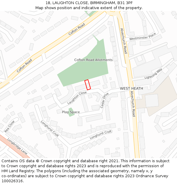 18, LAUGHTON CLOSE, BIRMINGHAM, B31 3PF: Location map and indicative extent of plot