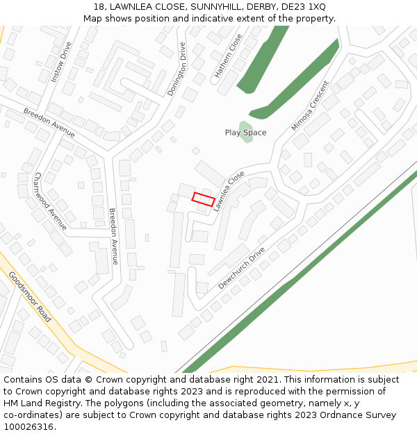 18, LAWNLEA CLOSE, SUNNYHILL, DERBY, DE23 1XQ: Location map and indicative extent of plot