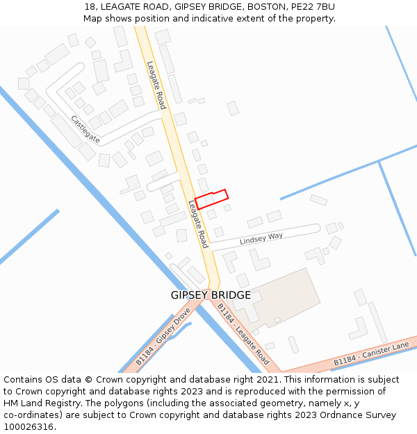 18, LEAGATE ROAD, GIPSEY BRIDGE, BOSTON, PE22 7BU: Location map and indicative extent of plot