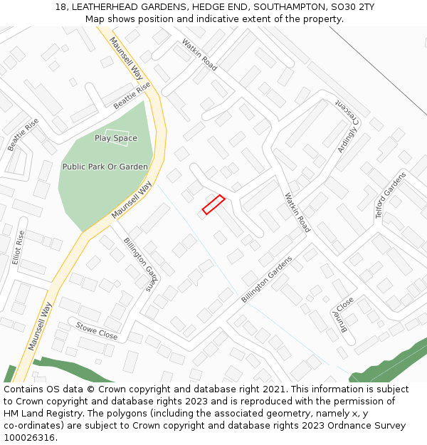 18, LEATHERHEAD GARDENS, HEDGE END, SOUTHAMPTON, SO30 2TY: Location map and indicative extent of plot