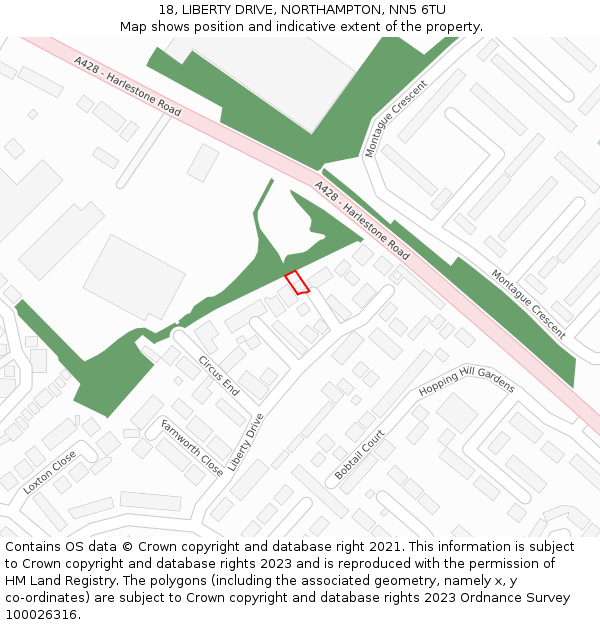 18, LIBERTY DRIVE, NORTHAMPTON, NN5 6TU: Location map and indicative extent of plot