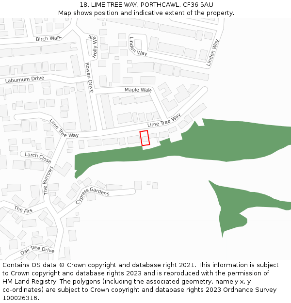 18, LIME TREE WAY, PORTHCAWL, CF36 5AU: Location map and indicative extent of plot