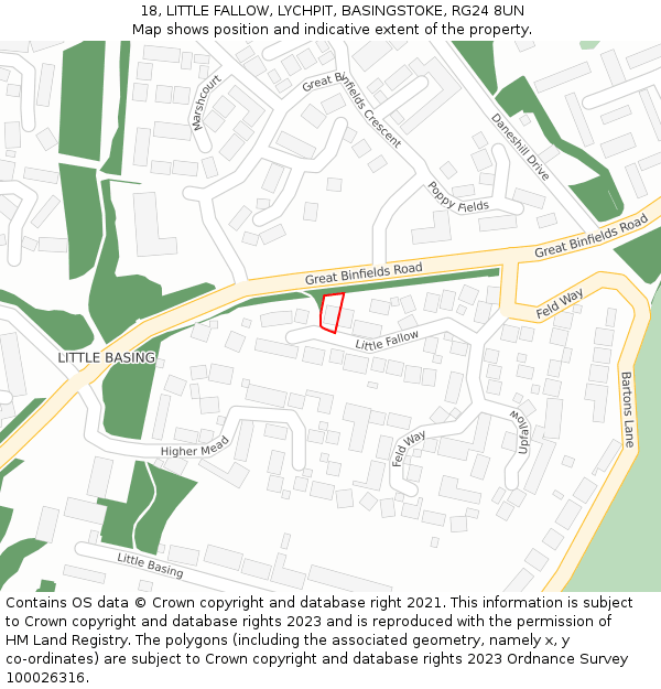 18, LITTLE FALLOW, LYCHPIT, BASINGSTOKE, RG24 8UN: Location map and indicative extent of plot