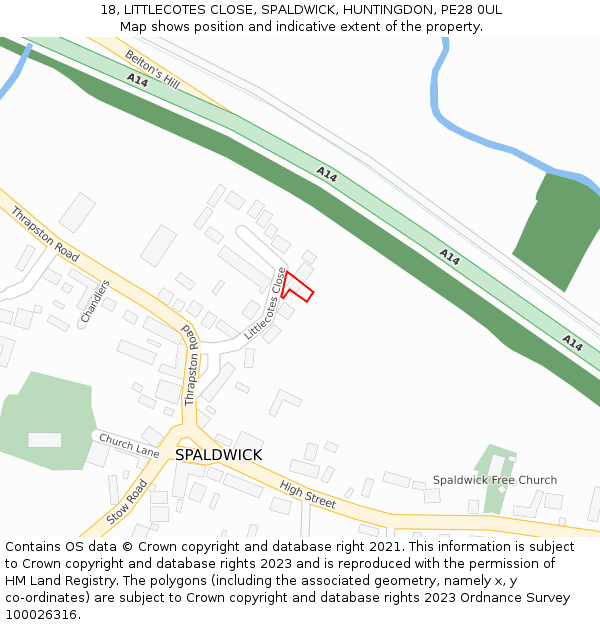 18, LITTLECOTES CLOSE, SPALDWICK, HUNTINGDON, PE28 0UL: Location map and indicative extent of plot