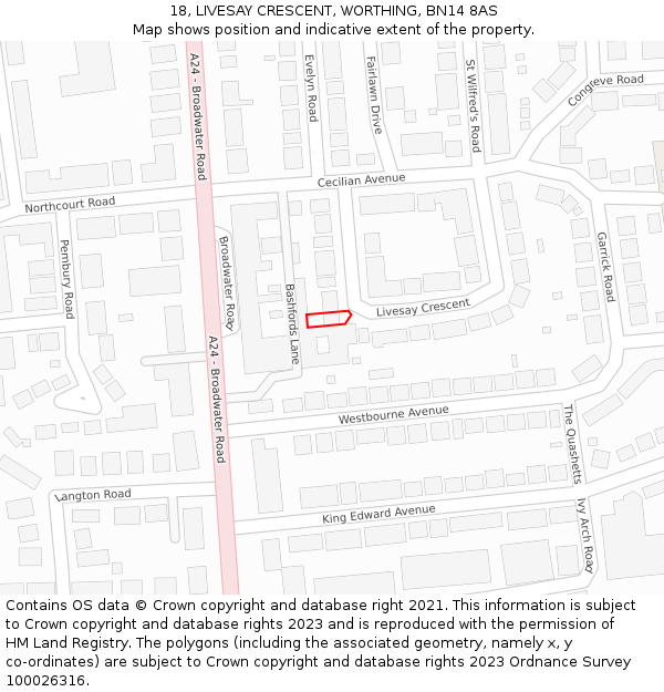 18, LIVESAY CRESCENT, WORTHING, BN14 8AS: Location map and indicative extent of plot
