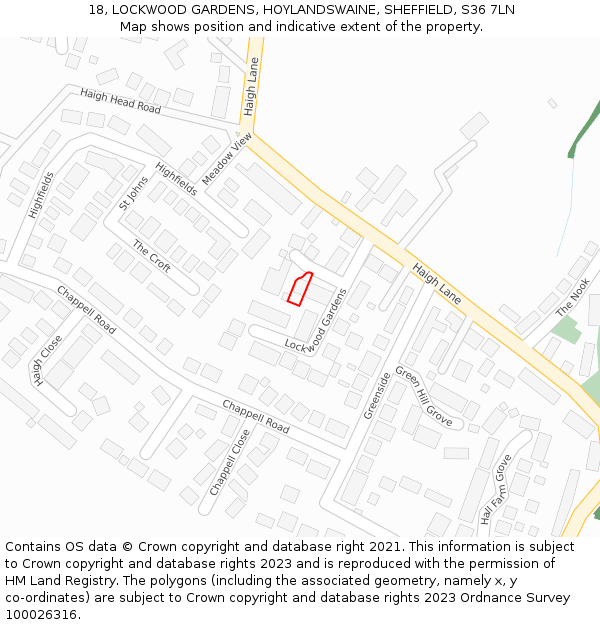 18, LOCKWOOD GARDENS, HOYLANDSWAINE, SHEFFIELD, S36 7LN: Location map and indicative extent of plot