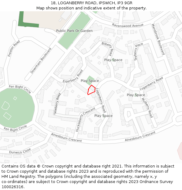 18, LOGANBERRY ROAD, IPSWICH, IP3 9GR: Location map and indicative extent of plot