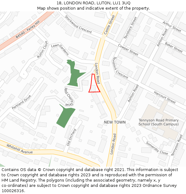 18, LONDON ROAD, LUTON, LU1 3UQ: Location map and indicative extent of plot