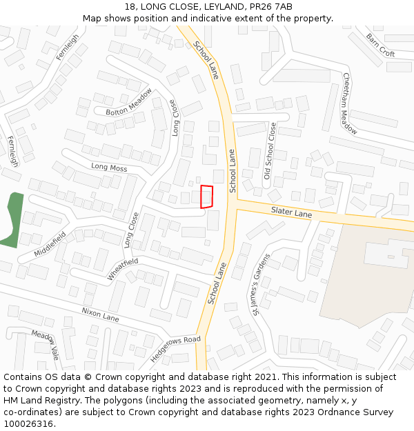 18, LONG CLOSE, LEYLAND, PR26 7AB: Location map and indicative extent of plot