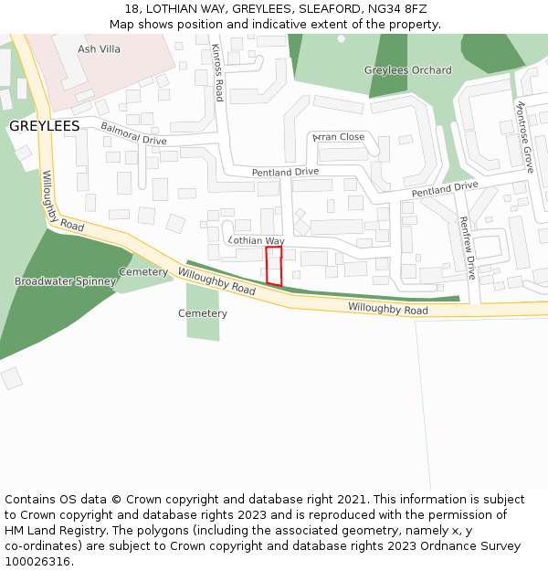 18, LOTHIAN WAY, GREYLEES, SLEAFORD, NG34 8FZ: Location map and indicative extent of plot