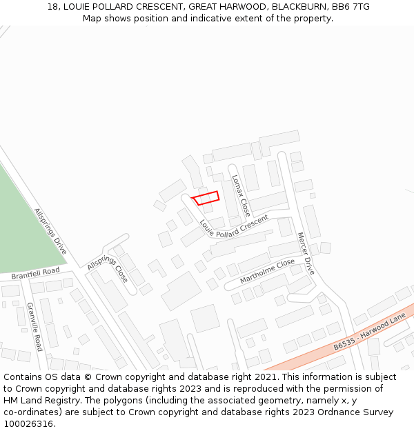 18, LOUIE POLLARD CRESCENT, GREAT HARWOOD, BLACKBURN, BB6 7TG: Location map and indicative extent of plot