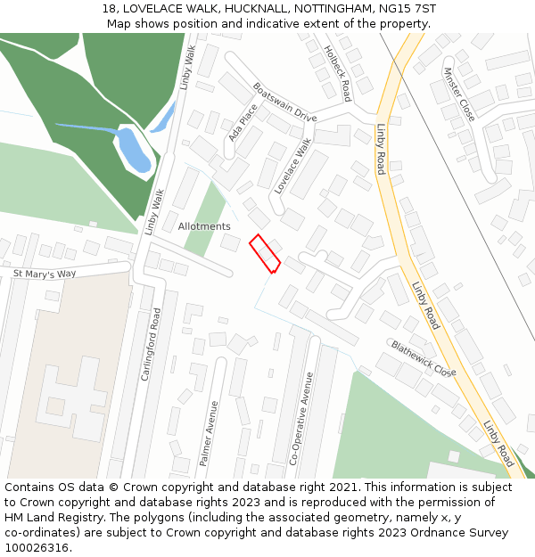 18, LOVELACE WALK, HUCKNALL, NOTTINGHAM, NG15 7ST: Location map and indicative extent of plot