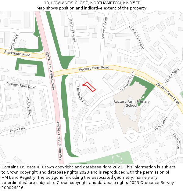 18, LOWLANDS CLOSE, NORTHAMPTON, NN3 5EP: Location map and indicative extent of plot