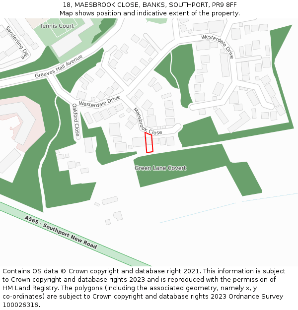 18, MAESBROOK CLOSE, BANKS, SOUTHPORT, PR9 8FF: Location map and indicative extent of plot