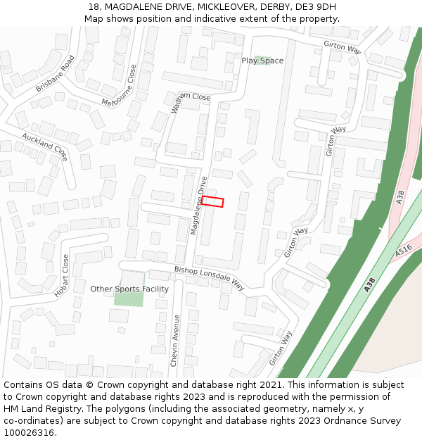 18, MAGDALENE DRIVE, MICKLEOVER, DERBY, DE3 9DH: Location map and indicative extent of plot