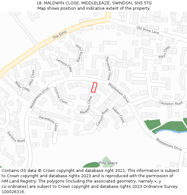 18, MALDWYN CLOSE, MIDDLELEAZE, SWINDON, SN5 5TG: Location map and indicative extent of plot