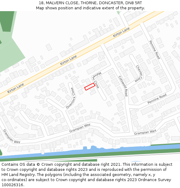 18, MALVERN CLOSE, THORNE, DONCASTER, DN8 5RT: Location map and indicative extent of plot