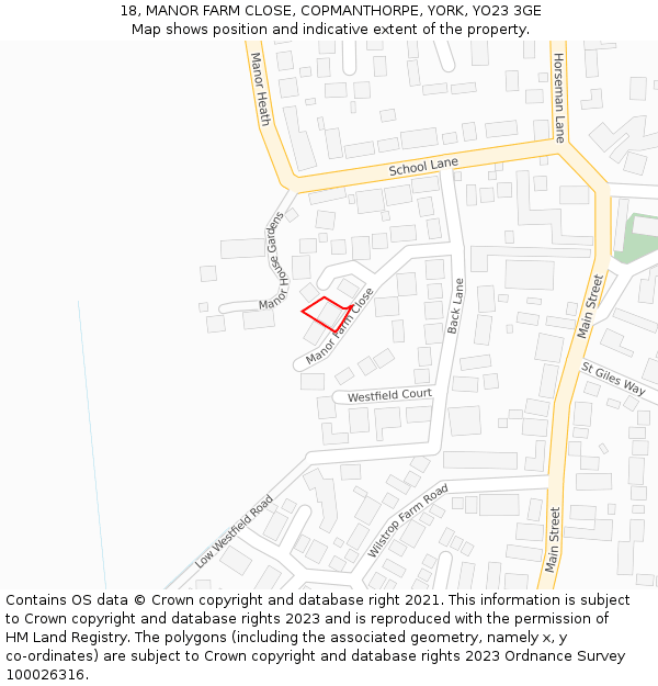 18, MANOR FARM CLOSE, COPMANTHORPE, YORK, YO23 3GE: Location map and indicative extent of plot