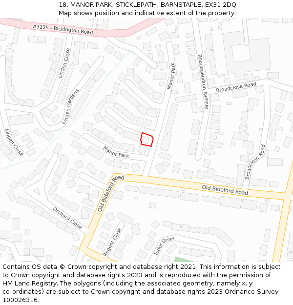 18, MANOR PARK, STICKLEPATH, BARNSTAPLE, EX31 2DQ: Location map and indicative extent of plot