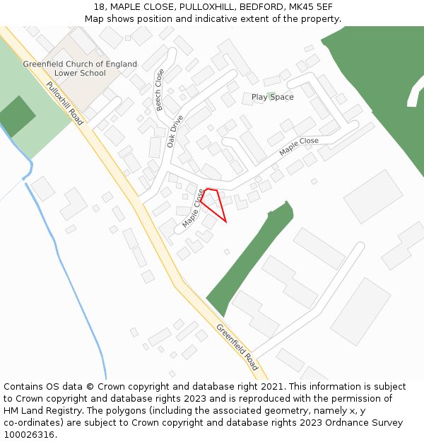 18, MAPLE CLOSE, PULLOXHILL, BEDFORD, MK45 5EF: Location map and indicative extent of plot