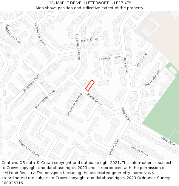 18, MAPLE DRIVE, LUTTERWORTH, LE17 4TY: Location map and indicative extent of plot
