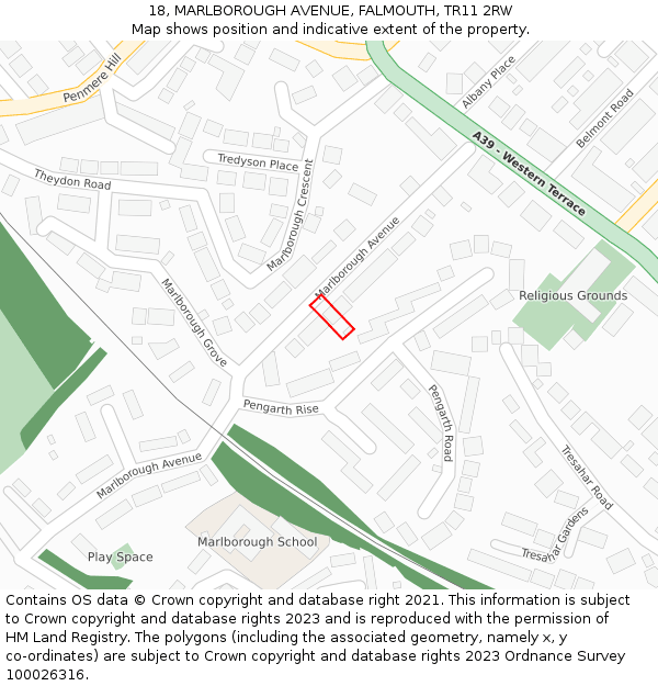 18, MARLBOROUGH AVENUE, FALMOUTH, TR11 2RW: Location map and indicative extent of plot