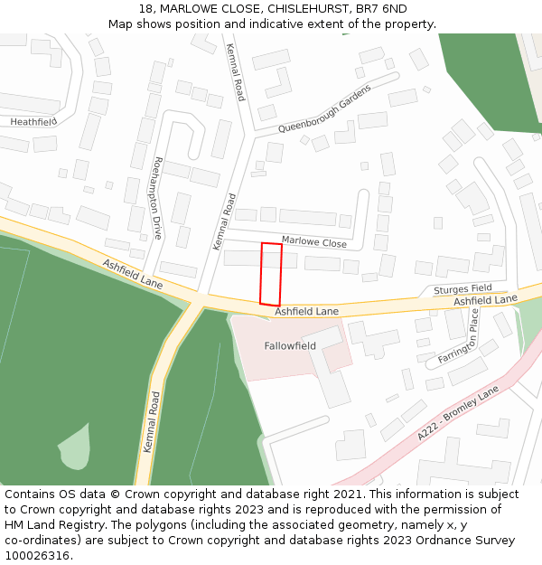 18, MARLOWE CLOSE, CHISLEHURST, BR7 6ND: Location map and indicative extent of plot