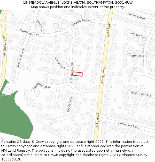 18, MEADOW AVENUE, LOCKS HEATH, SOUTHAMPTON, SO31 6UW: Location map and indicative extent of plot