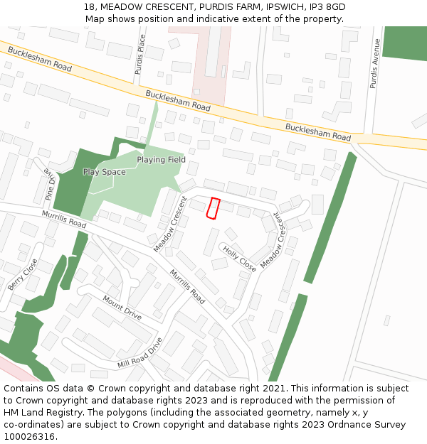 18, MEADOW CRESCENT, PURDIS FARM, IPSWICH, IP3 8GD: Location map and indicative extent of plot