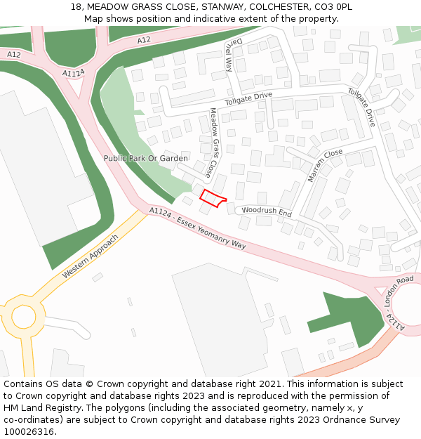 18, MEADOW GRASS CLOSE, STANWAY, COLCHESTER, CO3 0PL: Location map and indicative extent of plot