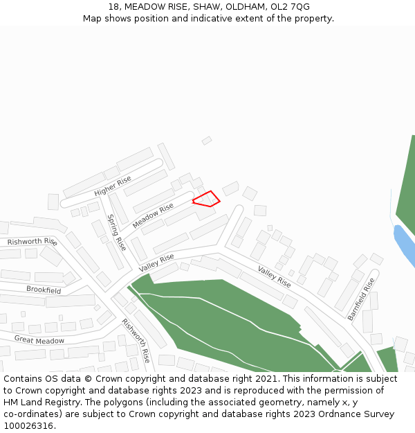 18, MEADOW RISE, SHAW, OLDHAM, OL2 7QG: Location map and indicative extent of plot