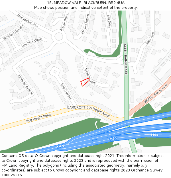 18, MEADOW VALE, BLACKBURN, BB2 4UA: Location map and indicative extent of plot