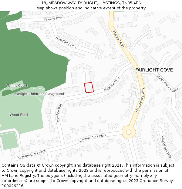 18, MEADOW WAY, FAIRLIGHT, HASTINGS, TN35 4BN: Location map and indicative extent of plot