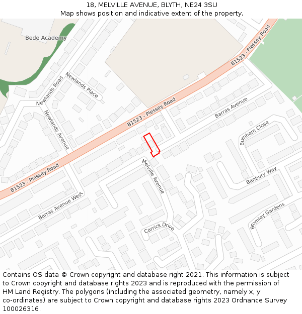 18, MELVILLE AVENUE, BLYTH, NE24 3SU: Location map and indicative extent of plot