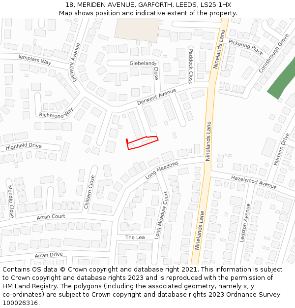 18, MERIDEN AVENUE, GARFORTH, LEEDS, LS25 1HX: Location map and indicative extent of plot