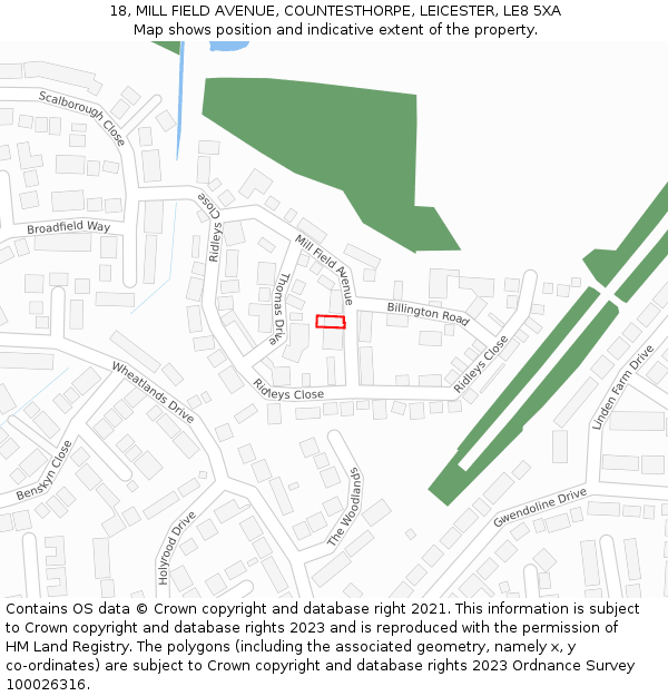18, MILL FIELD AVENUE, COUNTESTHORPE, LEICESTER, LE8 5XA: Location map and indicative extent of plot