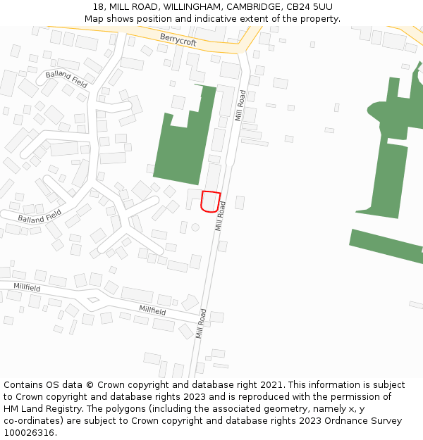 18, MILL ROAD, WILLINGHAM, CAMBRIDGE, CB24 5UU: Location map and indicative extent of plot